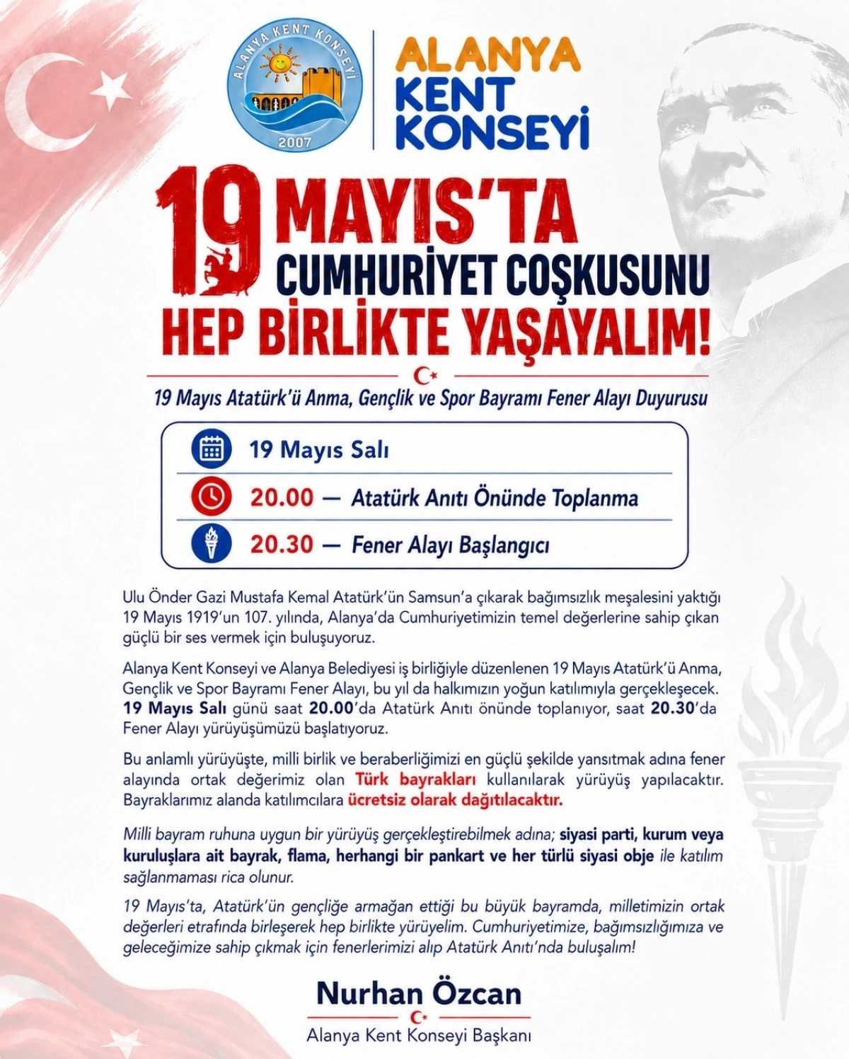 Alanya&rsquo;da 19 Mayıs Coşkusu Fener Alayıyla Yaşanacak